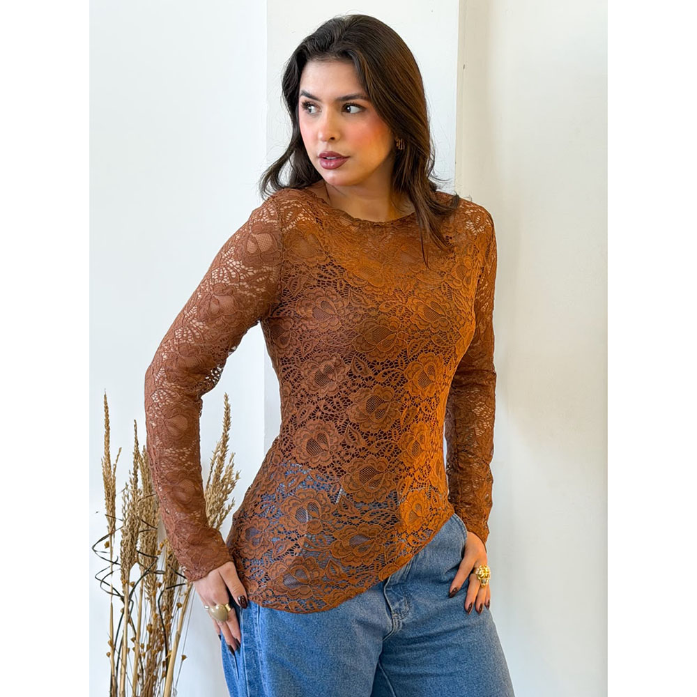 Blusa Renda Assimétrica Marrom