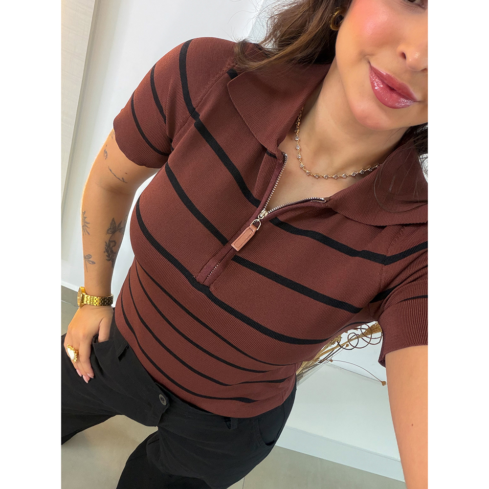 Blusa Polo Listrada Marrom