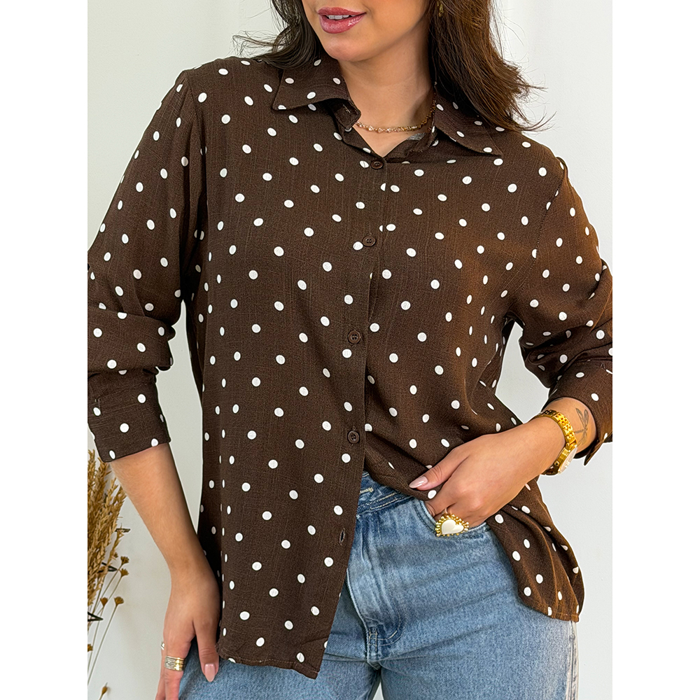 Camisa Marrom Com Poá Branco