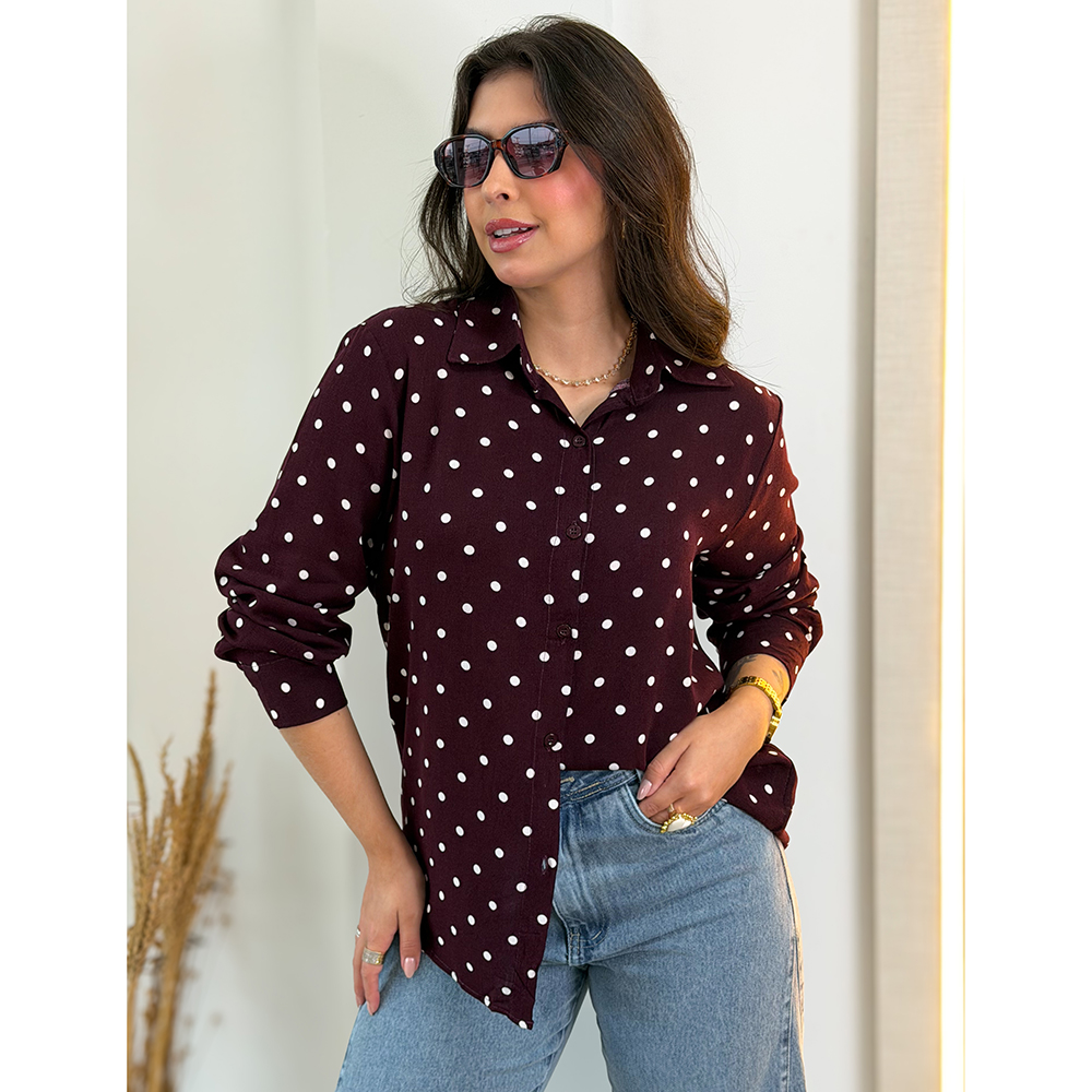 Camisa Vinho Com Poá Branco