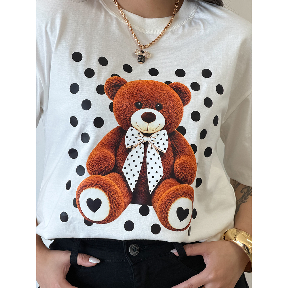 Camiseta Estampa Urso Laço Poá