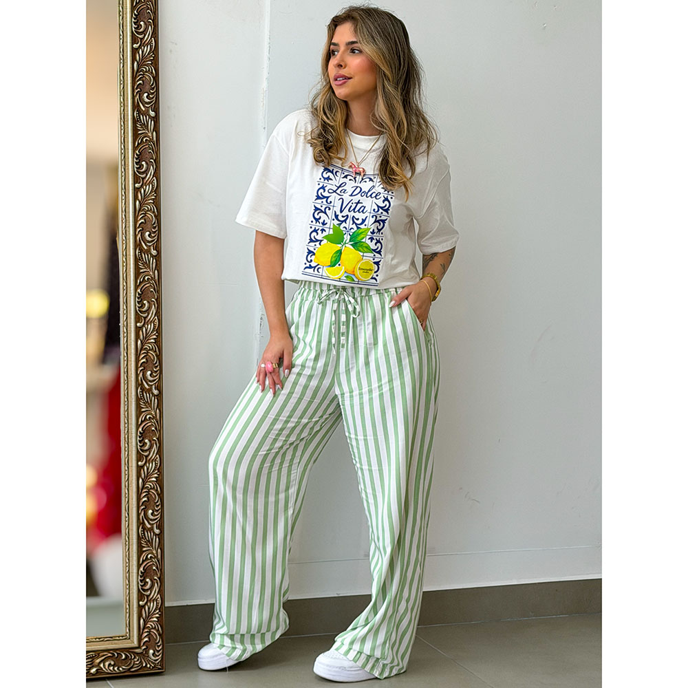 Calça Listras Verde Claro Com Branco