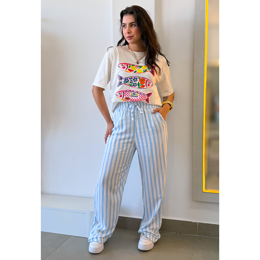 Calça Listras Azul Claro Com Branco