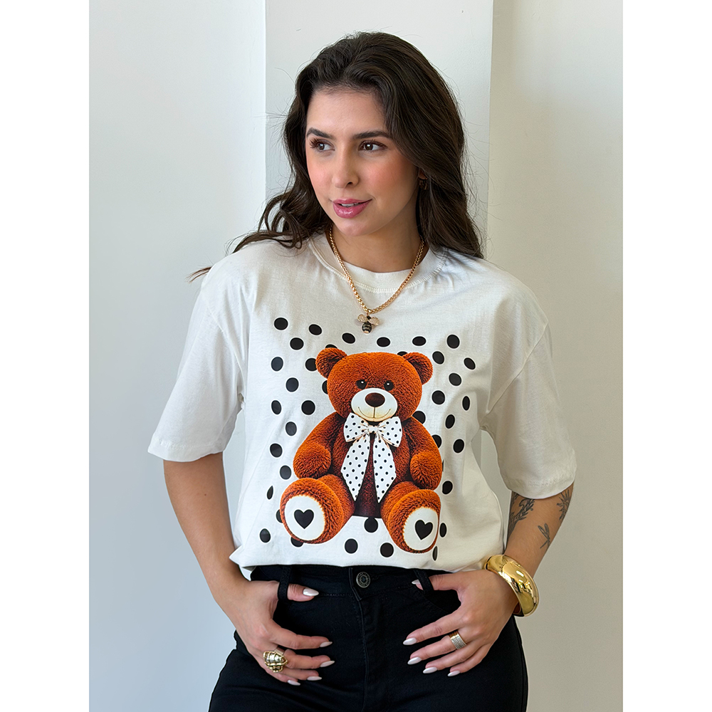 Camiseta Estampa Urso Laço Poá