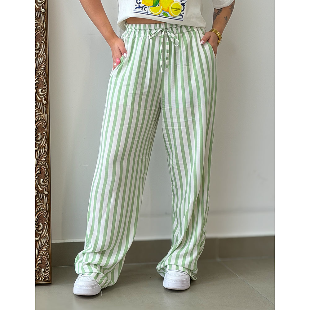 Calça Listras Verde Claro Com Branco