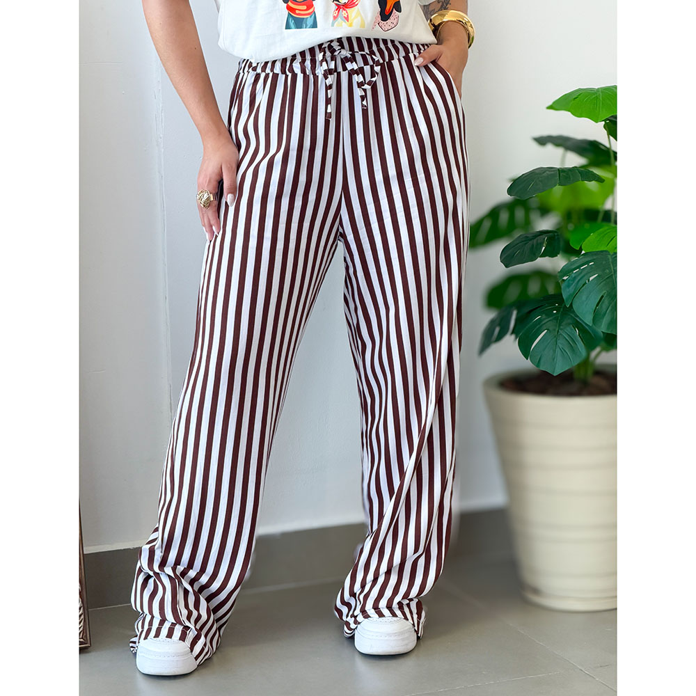 Calça Listras Marrom Escuro Com Branco