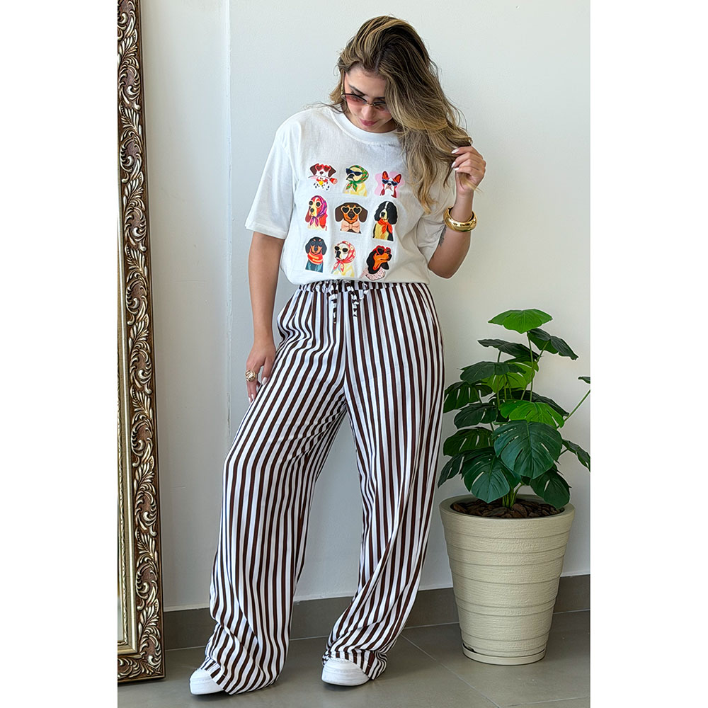 Calça Listras Marrom Escuro Com Branco