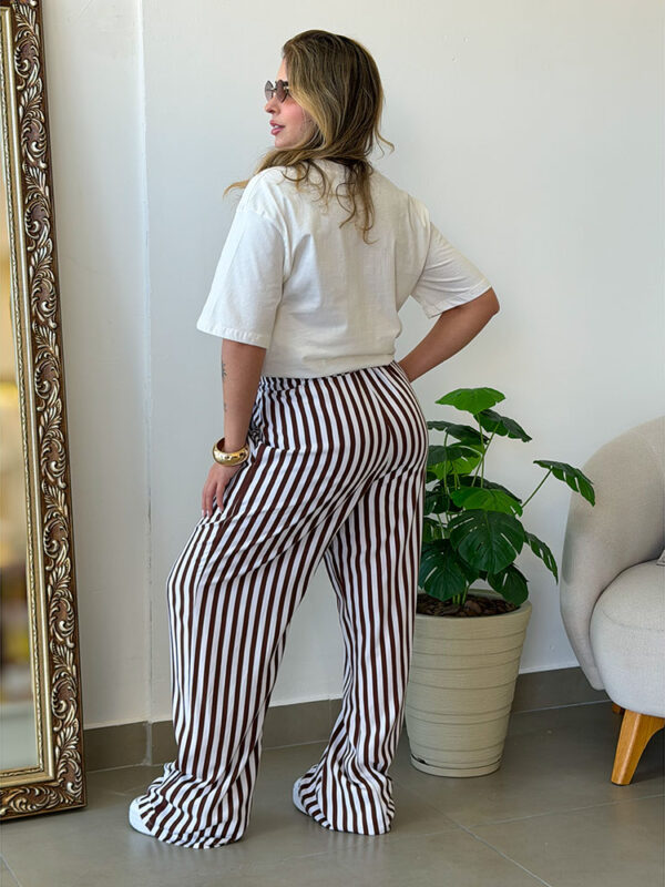 Calça Listras Marrom Escuro Com Branco