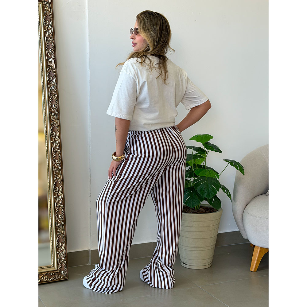 Calça Listras Marrom Escuro Com Branco