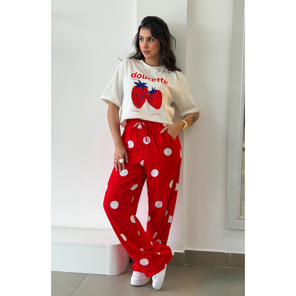 Calça Poá Vermelho Com Branco