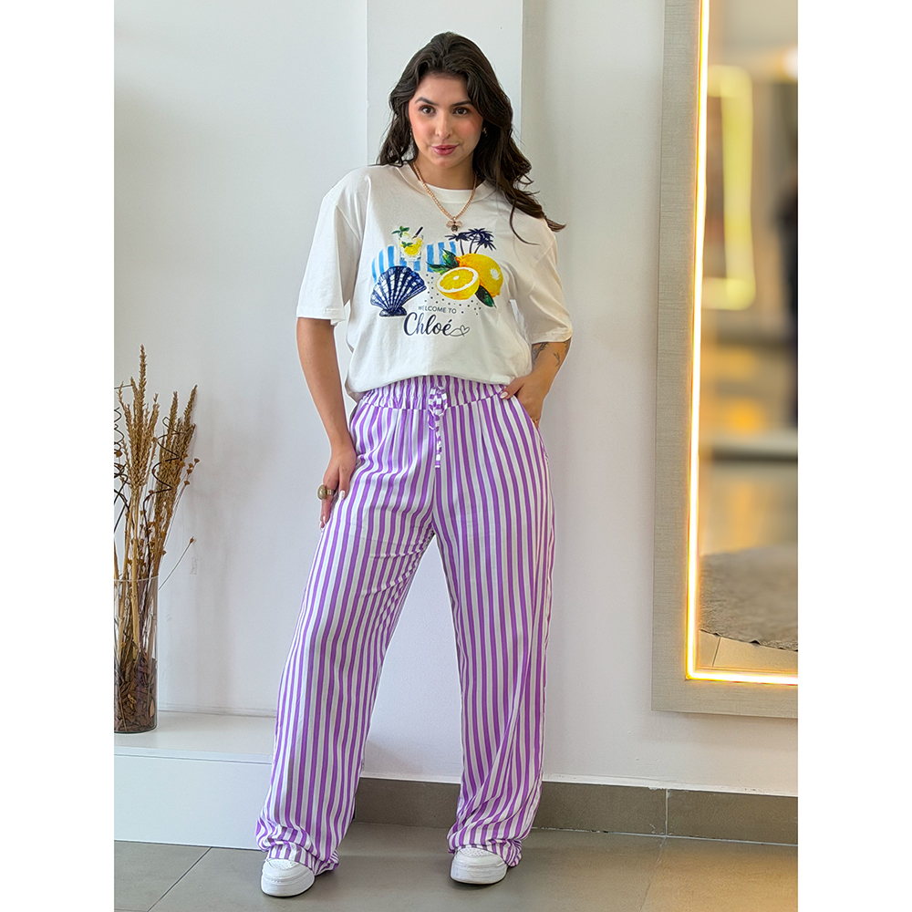 Calça Listras Lavanda Com Branco