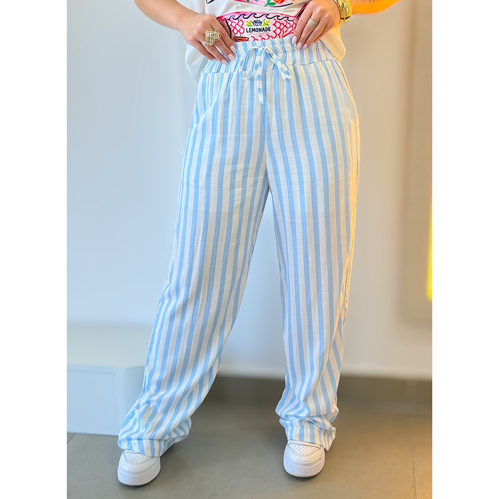 Calça Listras Azul Claro Com Branco