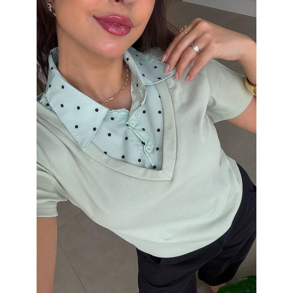 Blusa Decote V Com Gola Poá Verde