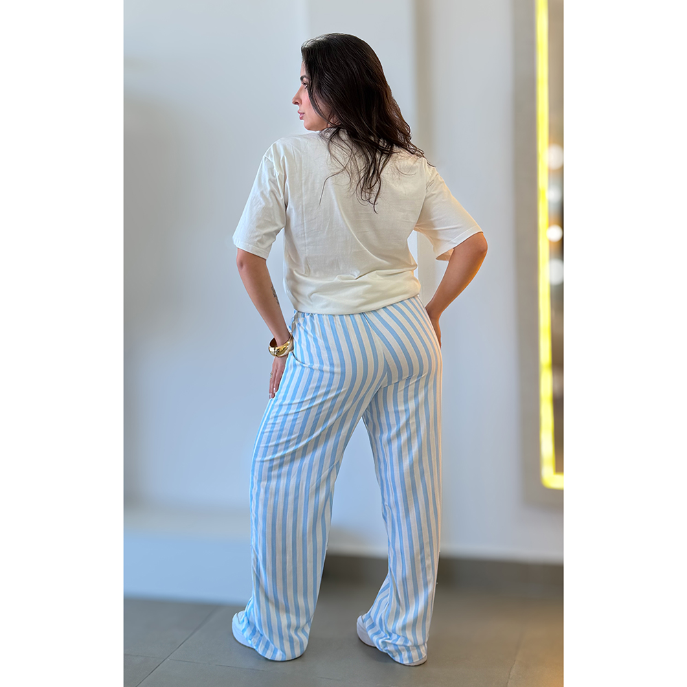 Calça Listras Azul Claro Com Branco