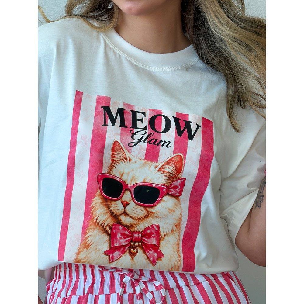 Camiseta Estampa Gato Listras Rosa