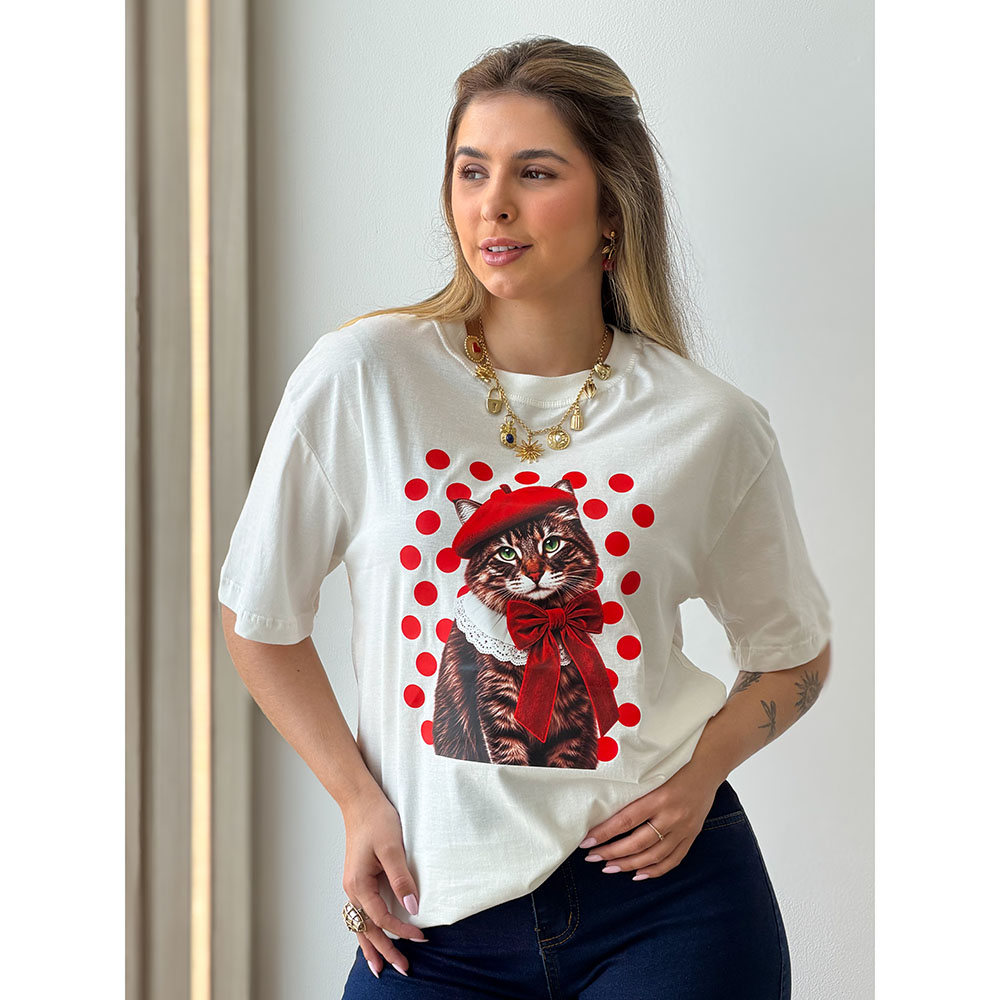 Camiseta Estampa Gato Poá Vermelho