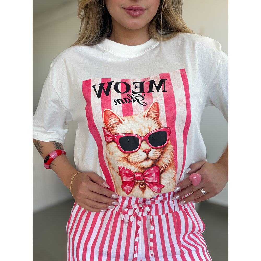 Camiseta Estampa Gato Listras Rosa