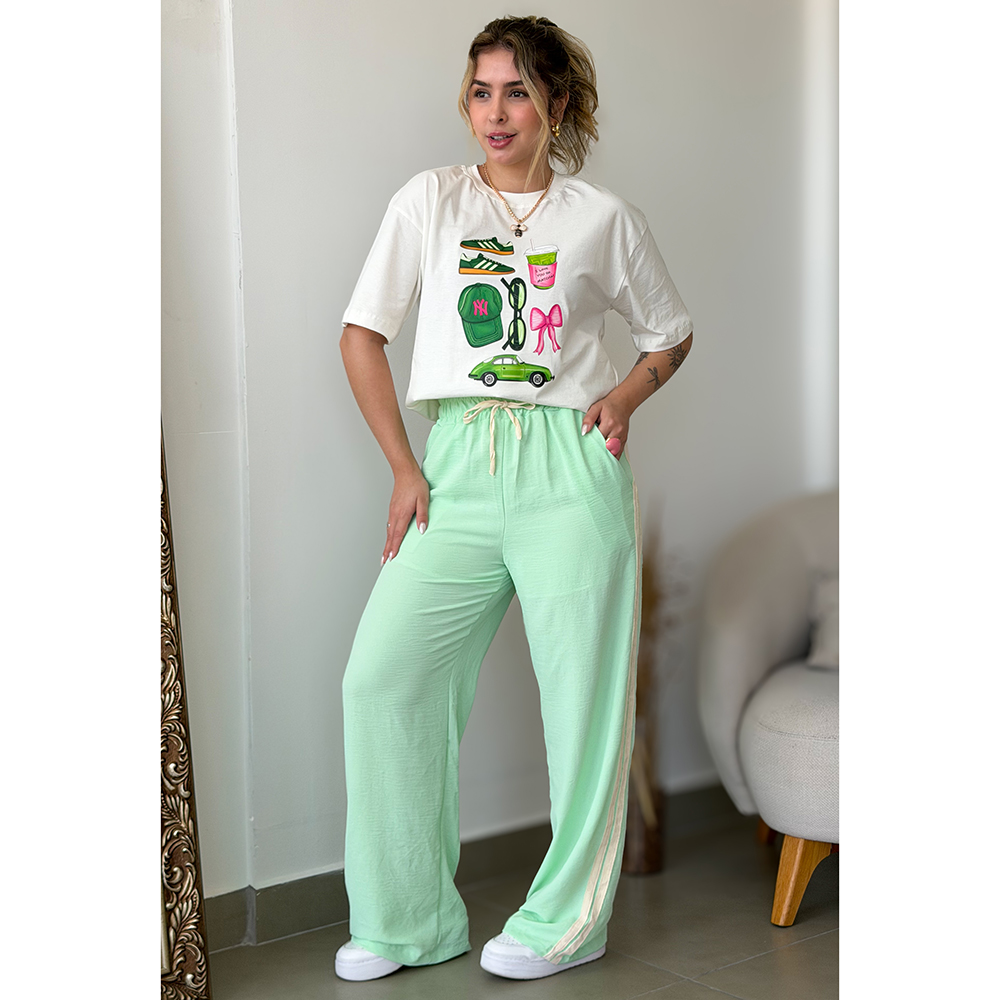 Calça Pantalona Listra Lateral Verde Água