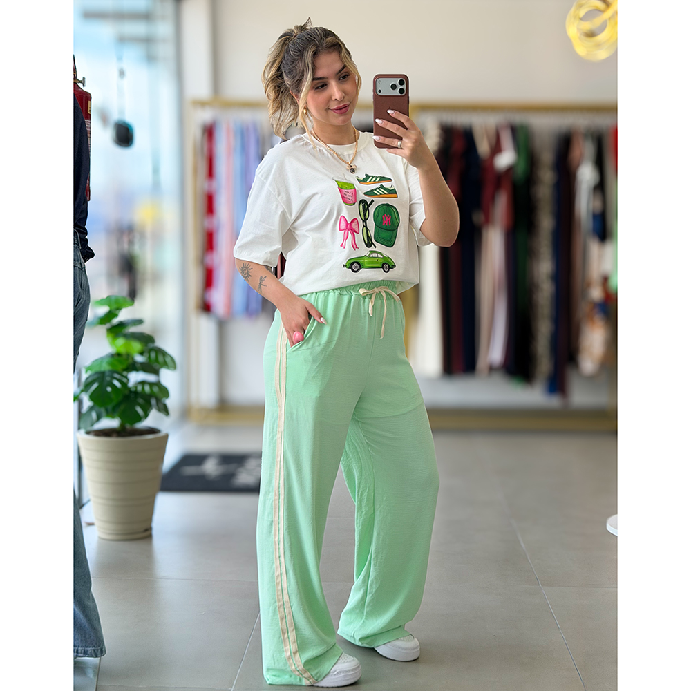 Calça Pantalona Listra Lateral Verde Água