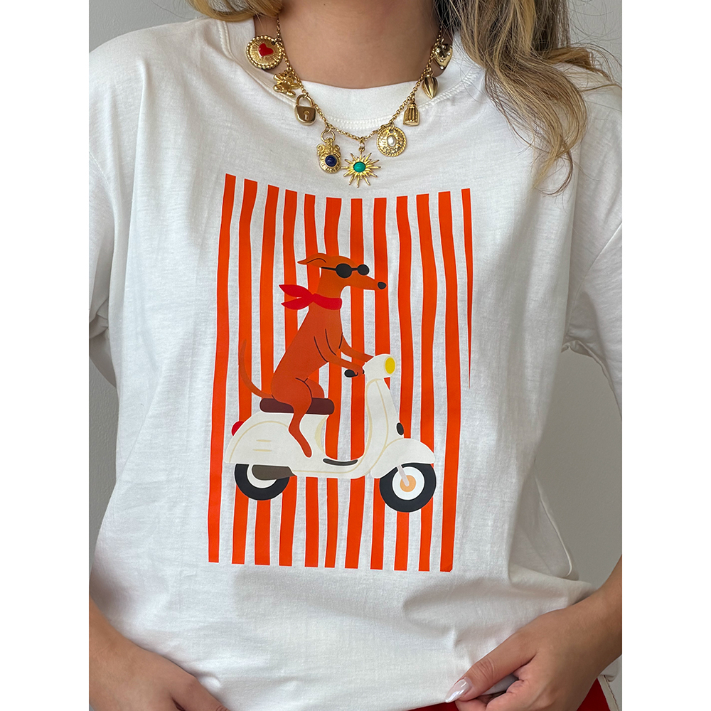 Camiseta Estampa Dog Moto Listras Laranja