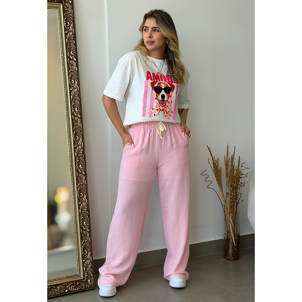 Calça Pantalona Listra Lateral Rosa