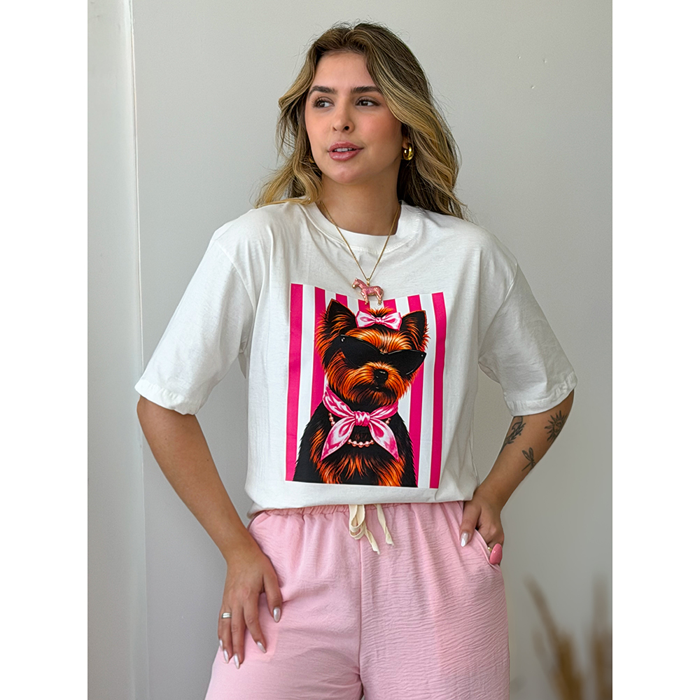Camiseta Estampa Dog York Listras Rosa