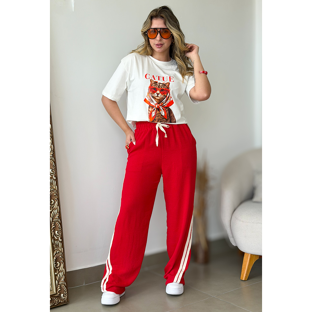 Calça Pantalona Listra Lateral Vermelha