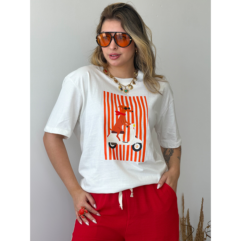 Camiseta Estampa Dog Moto Listras Laranja
