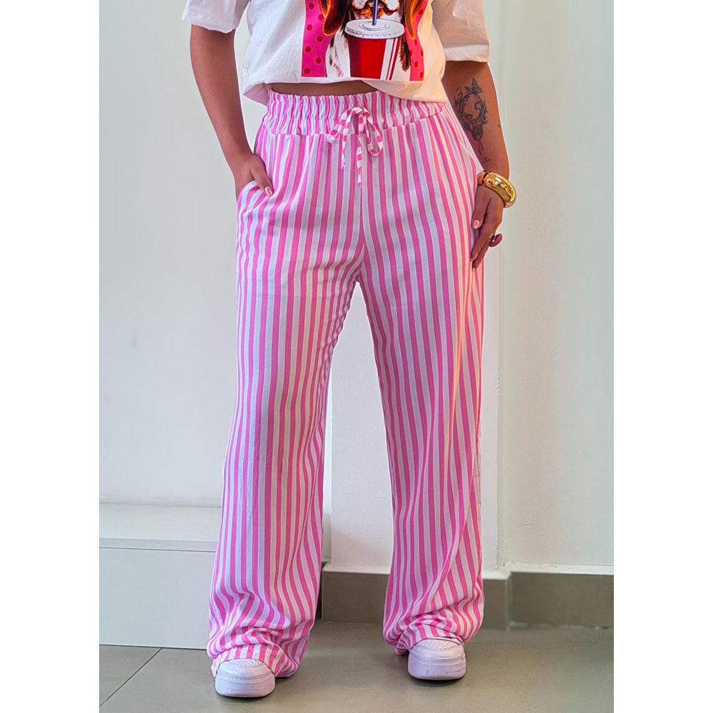 Calça Listras Rosa Chiclete Com Branco