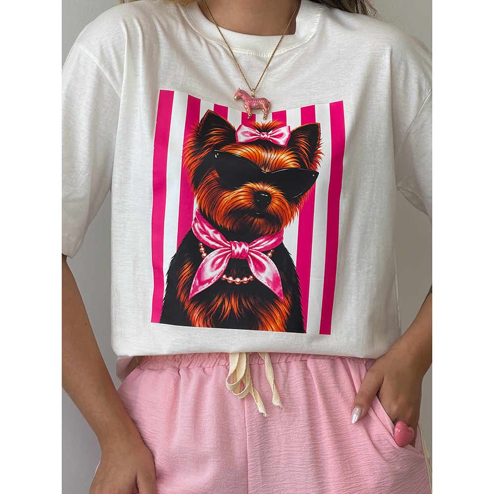 Camiseta Estampa Dog York Listras Rosa