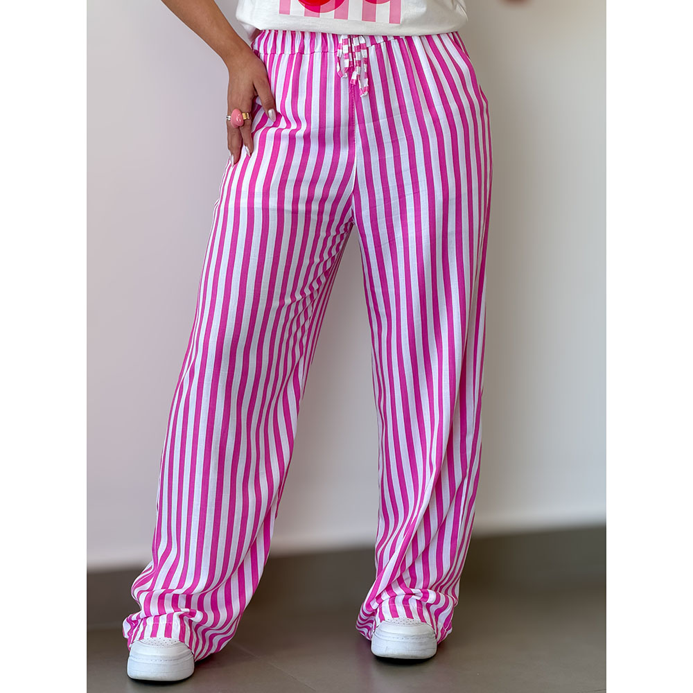Calça Listras Rosa Chiclete Com Branco