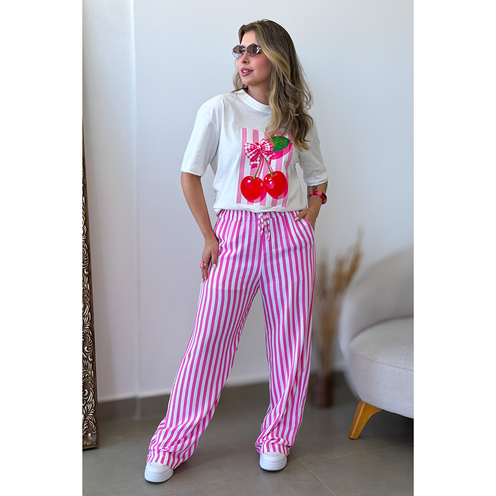 Calça Listras Rosa Chiclete Com Branco