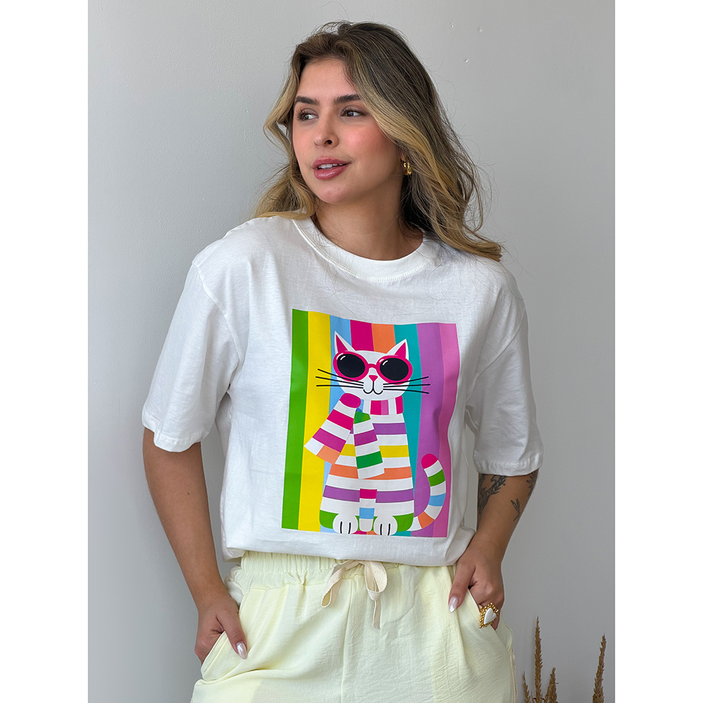 Camiseta Estampa Gato Colors