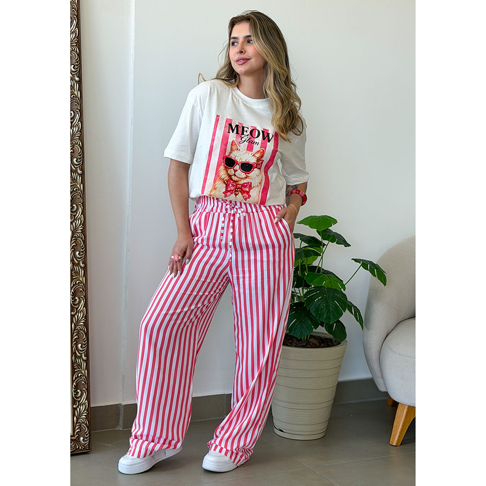 Calça Listras Rosa Boneca Com Branco