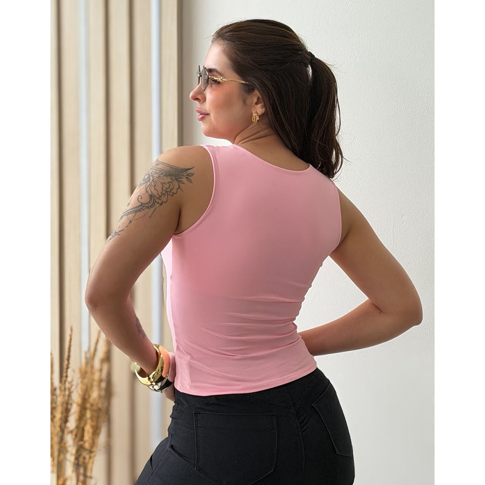 Regata Decote Quadrado Poliamida Rosa Claro