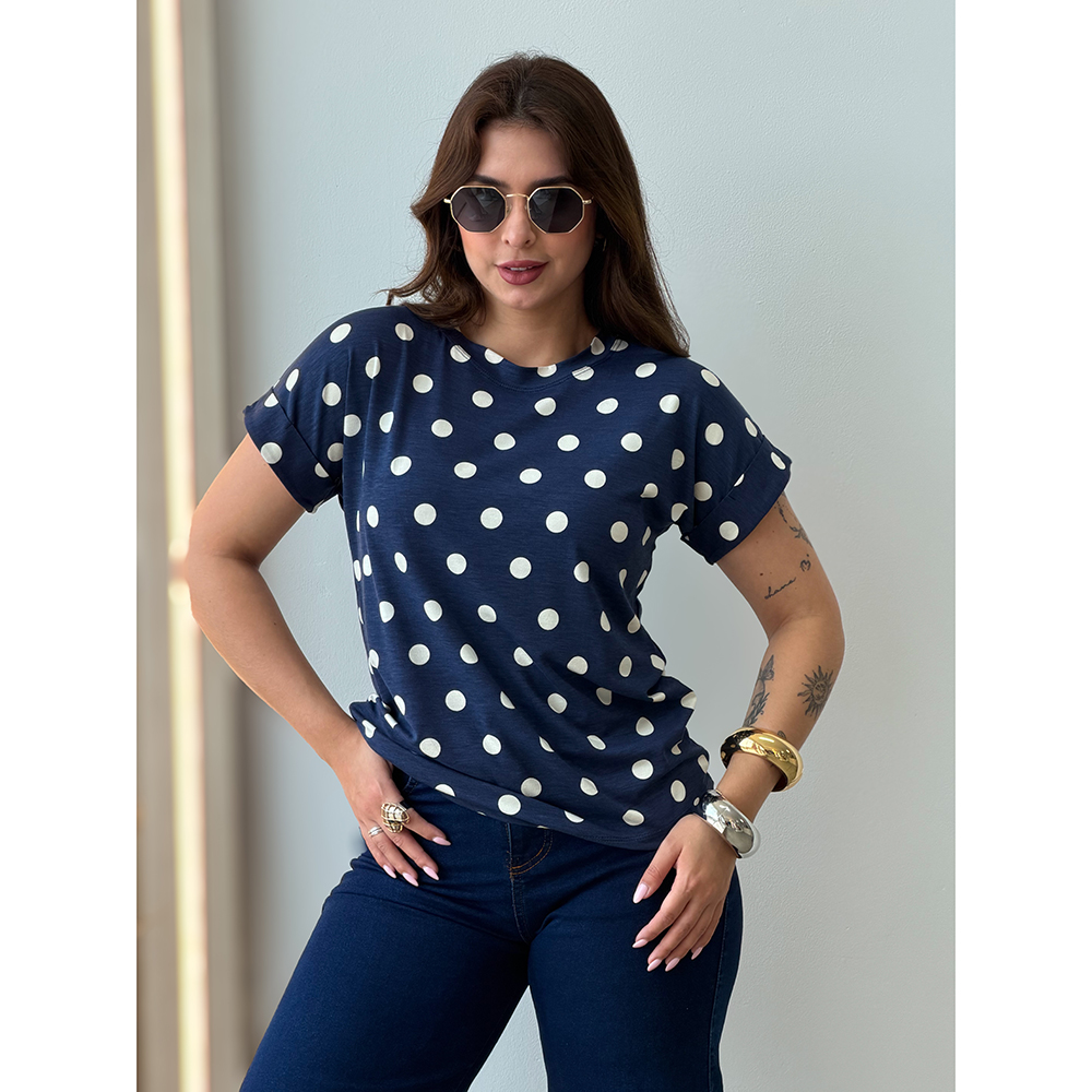T-shirt Poá Azul Marinho Com Off