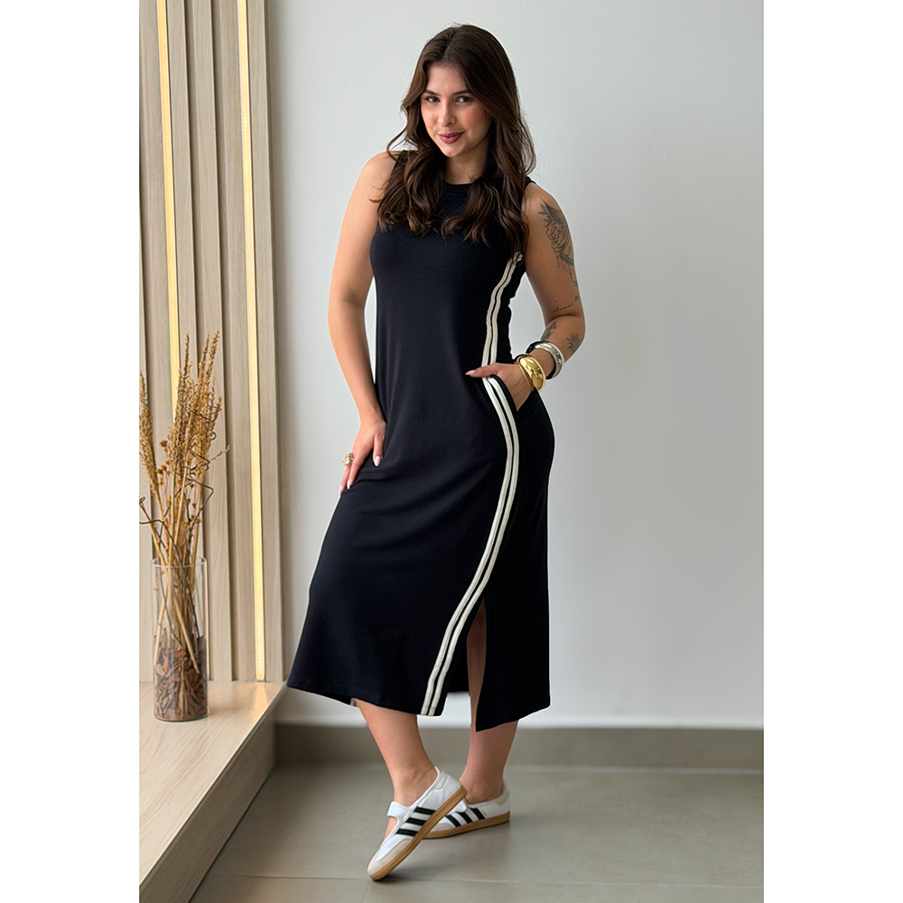 Vestido Regata Listra Lateral Preto