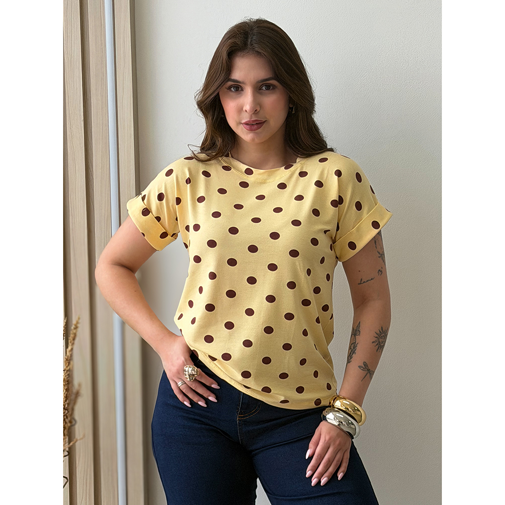 T-shirt Poá Amarelo Com Marrom